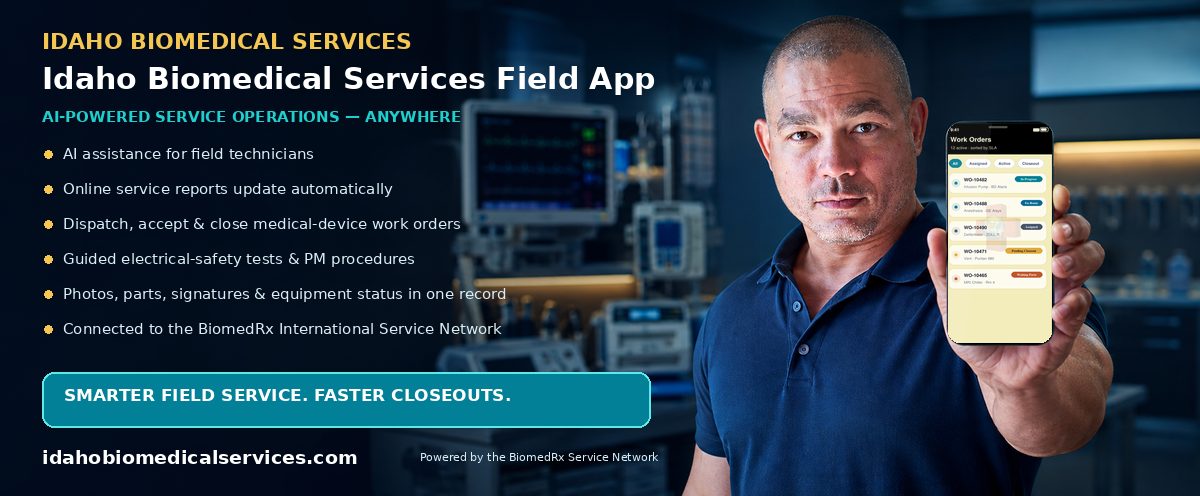 Idaho Biomedical Field — AI-powered field-service mobile app; automatic online service reports, work-order dispatch, and closeout